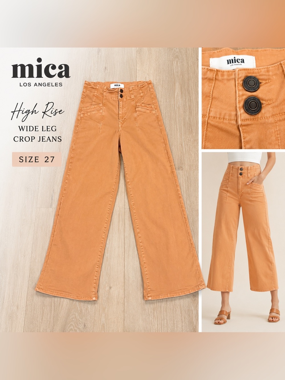 Mica Los Angeles High Rise Wide Leg Cotton Jeans 27 Cinnamon